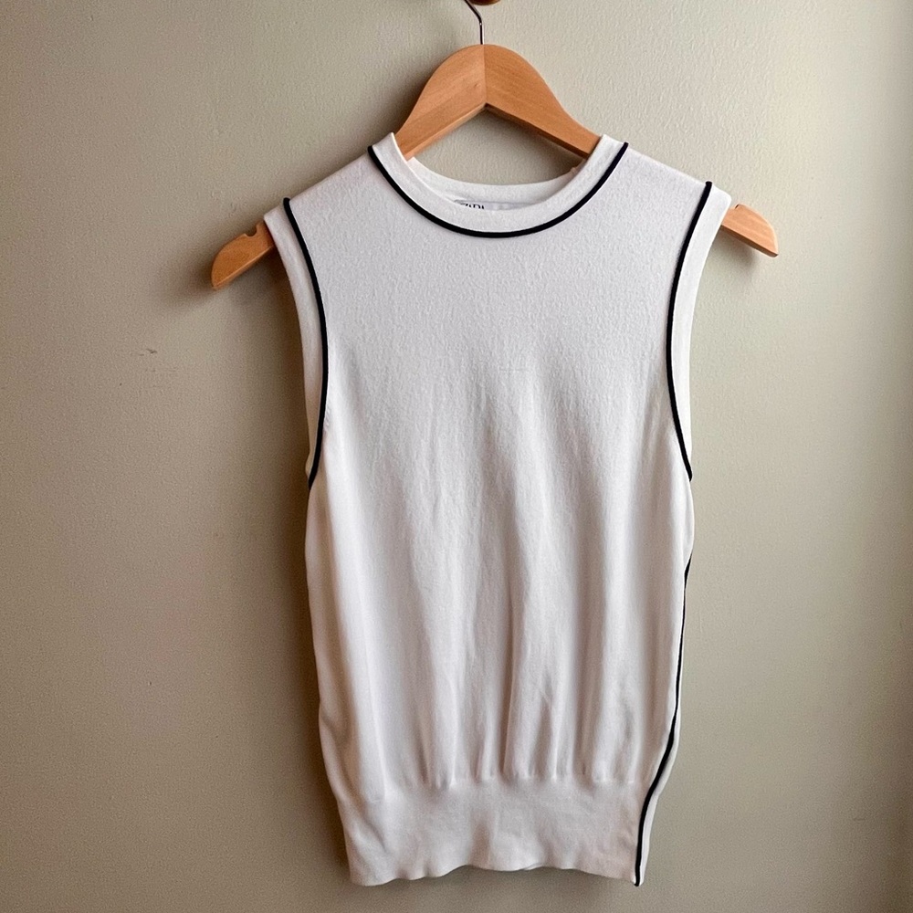 Zara White Sleeveless Knit Tank Top with Black Trim Size M